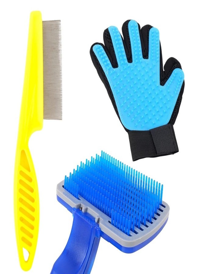 REGIIS Pet Grooming Kit with Deshedding Glove, Metal Comb, Brush Set, Blue and Yellow, Professional Dog Cat Hair Removal Tools(PACK OF 3) - Image 1